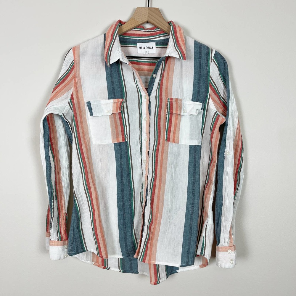 Olive + Oak Vertical Striped Gauze Cotton Button Down Shirt Size M